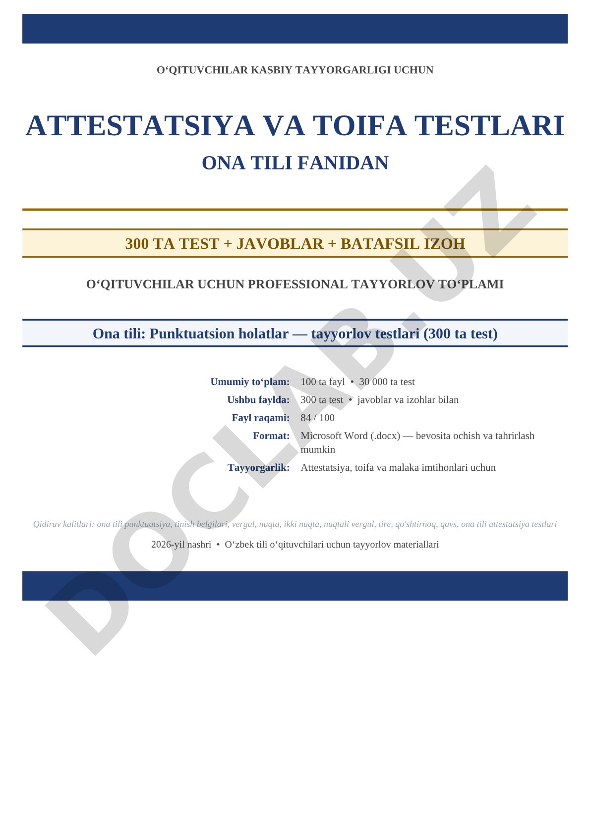 Ona tili punktuatsion holatlar bo'yicha attestatsiya testlari