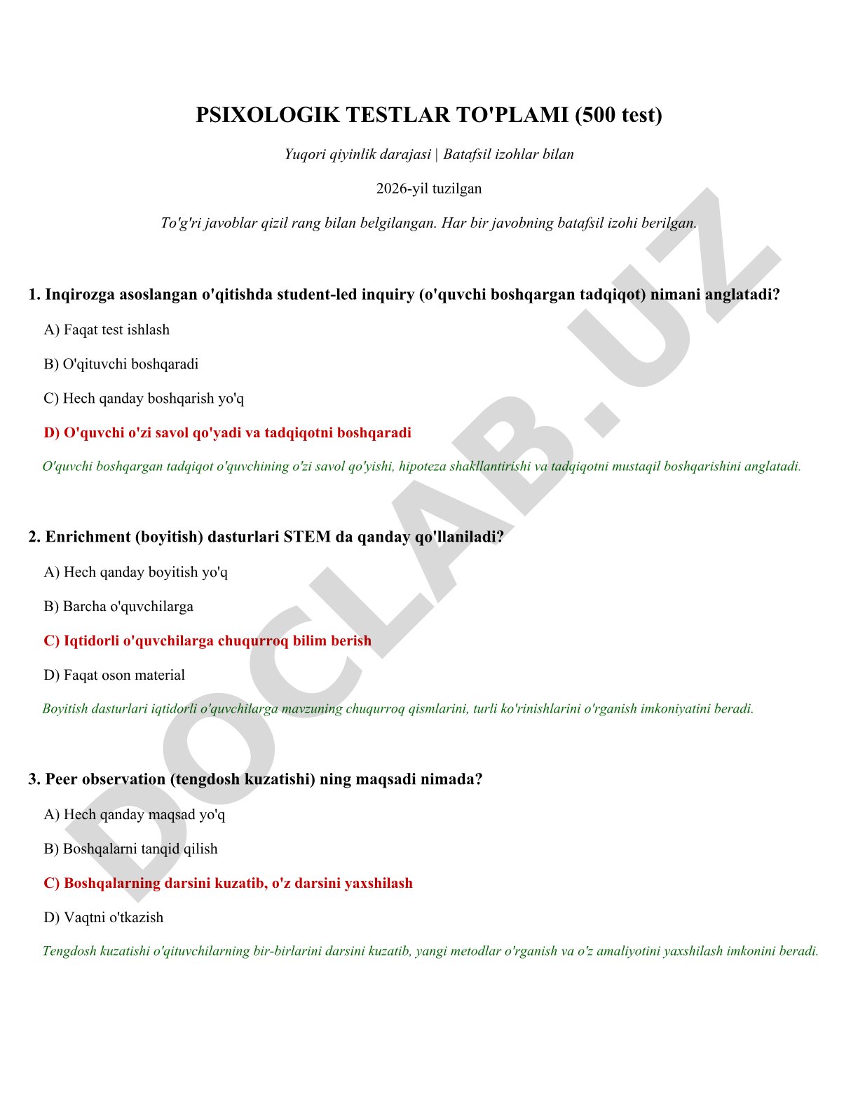 Psixologik testlar to'plami (500 test)