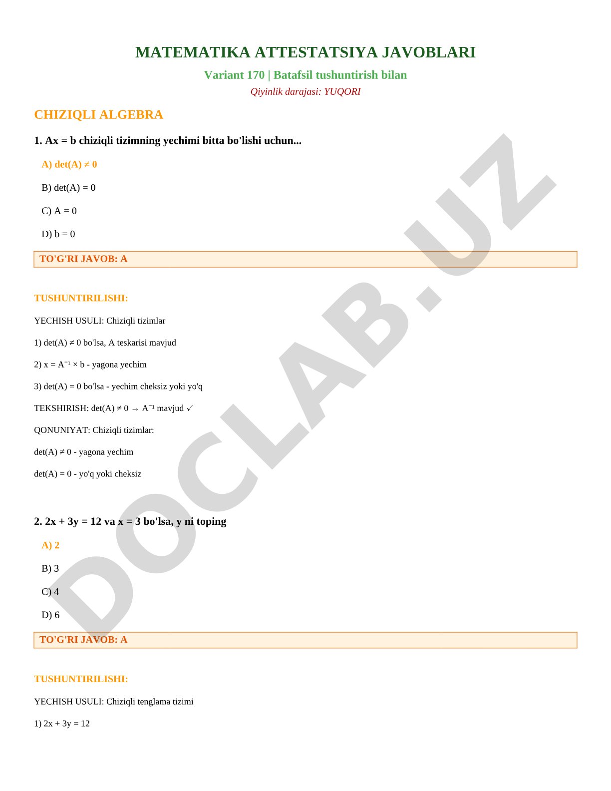 Matematika attestatsiya javoblari variant 170 (yuqori chiziqli algebra)