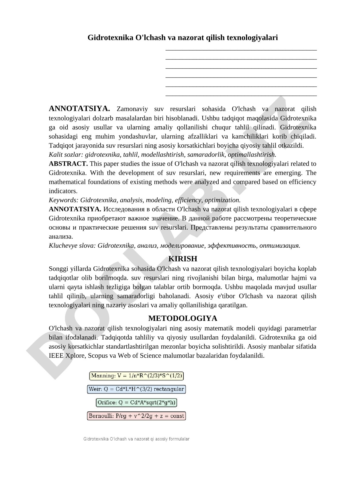 Gidrotexnika O'lchash va nazorat qilish texnologiyalari