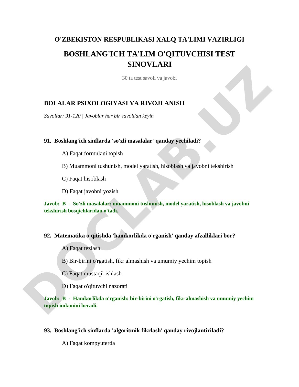 Boshlang'ich sinflarda matematika o'qitish metodikasi test savollari