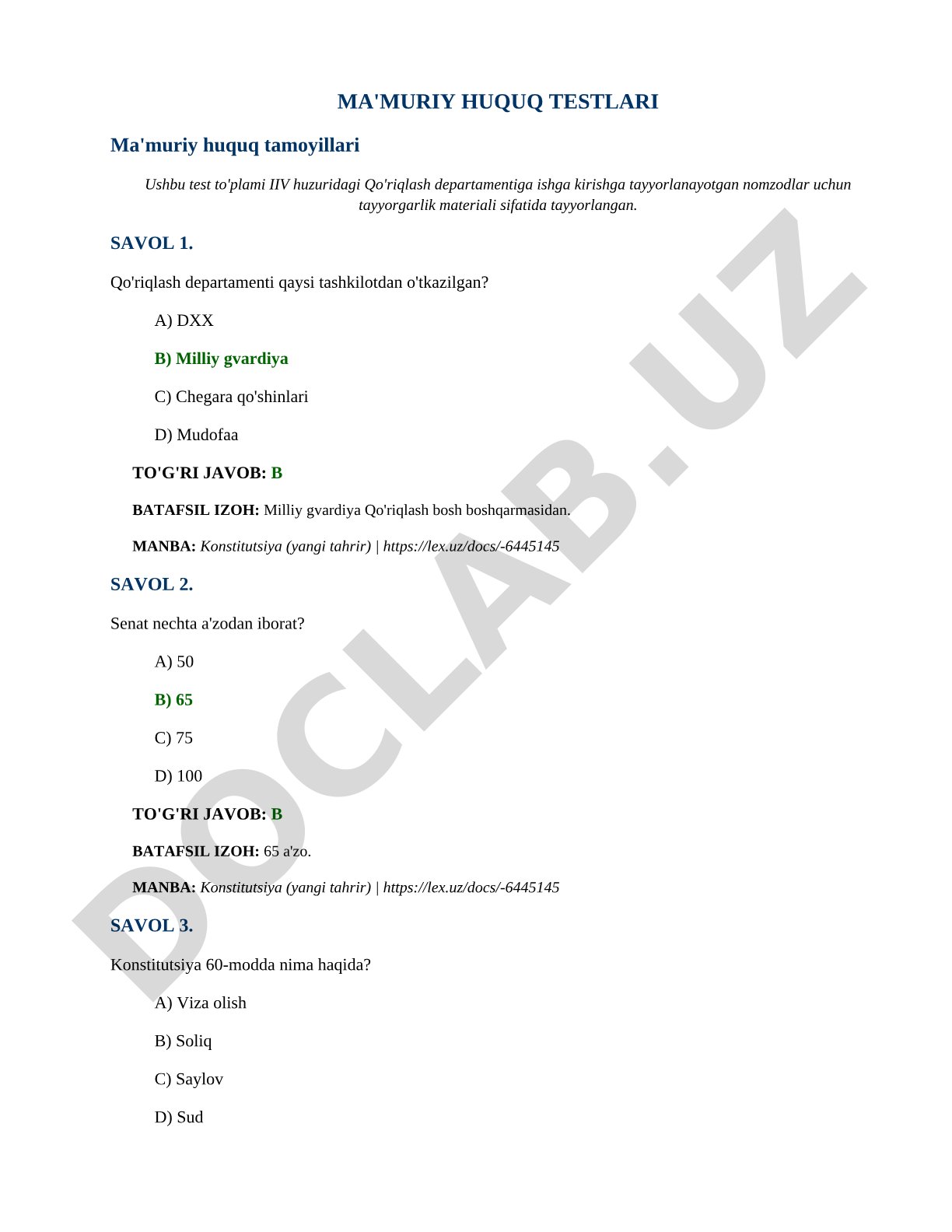 Ma'muriy huquq tamoyillari bo'yicha testlar