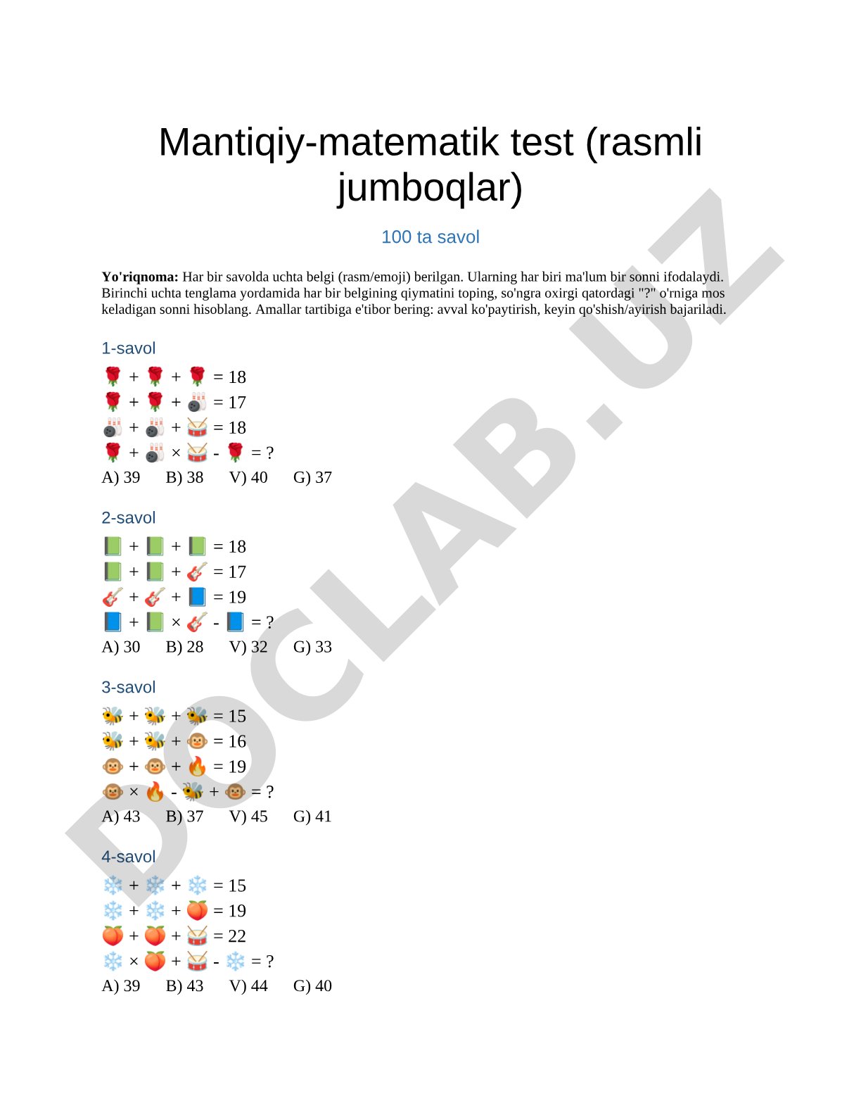 Bojxona Mantiqiy-matematik test (rasmli jumboqlar) 100 savol
