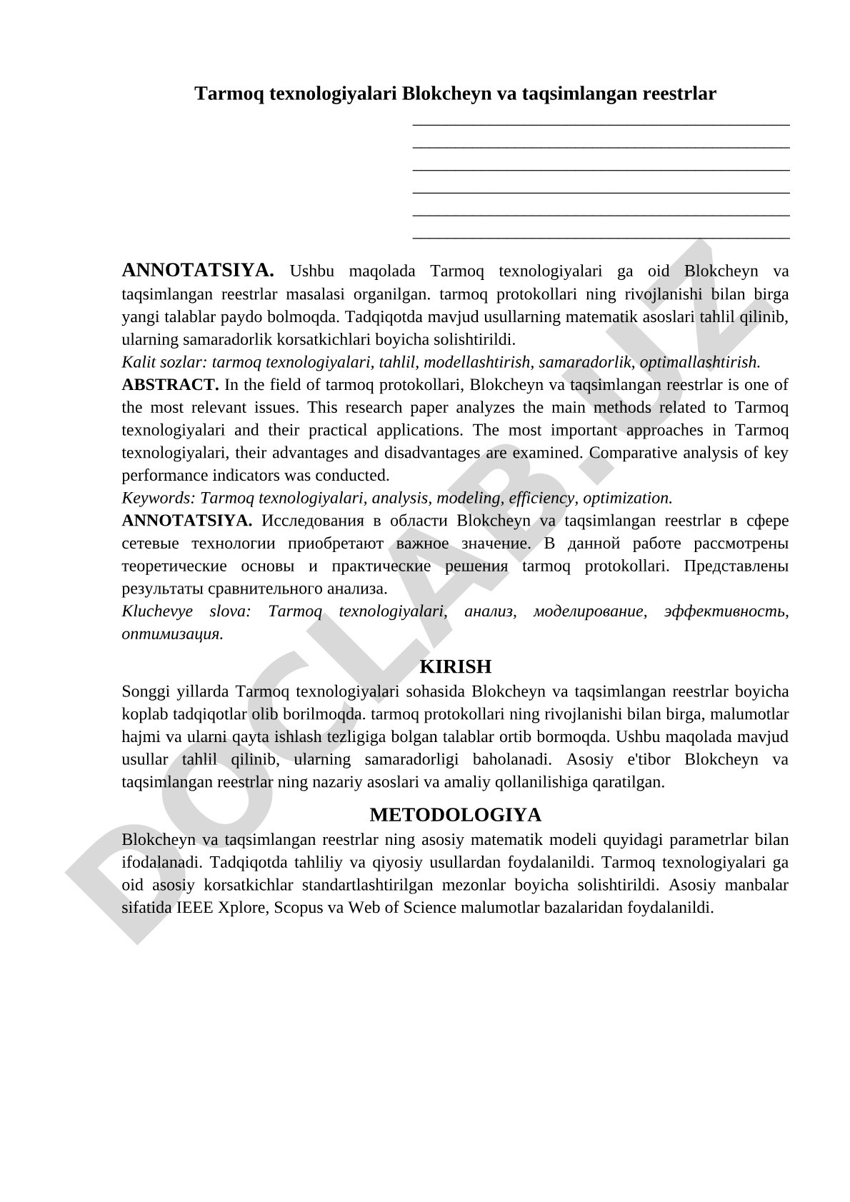 Tarmoq texnologiyalari Blokcheyn va taqsimlangan reestrlar