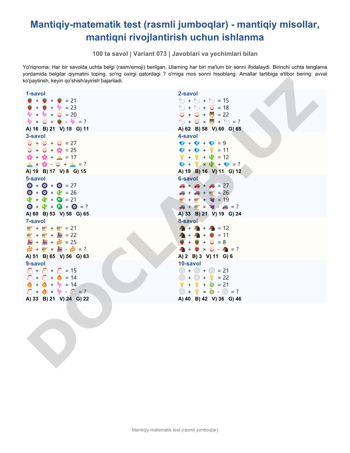 Mantiqiy-matematik test (rasmli jumboqlar)