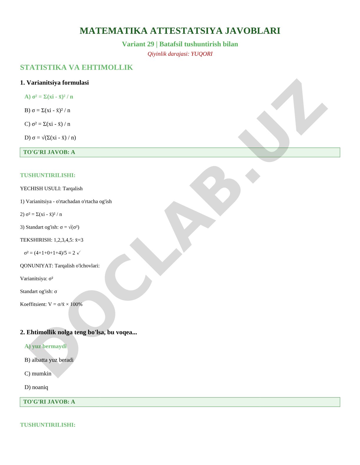 Matematika attestatsiya javoblari Variant 29 - Statistika va ehtimollik