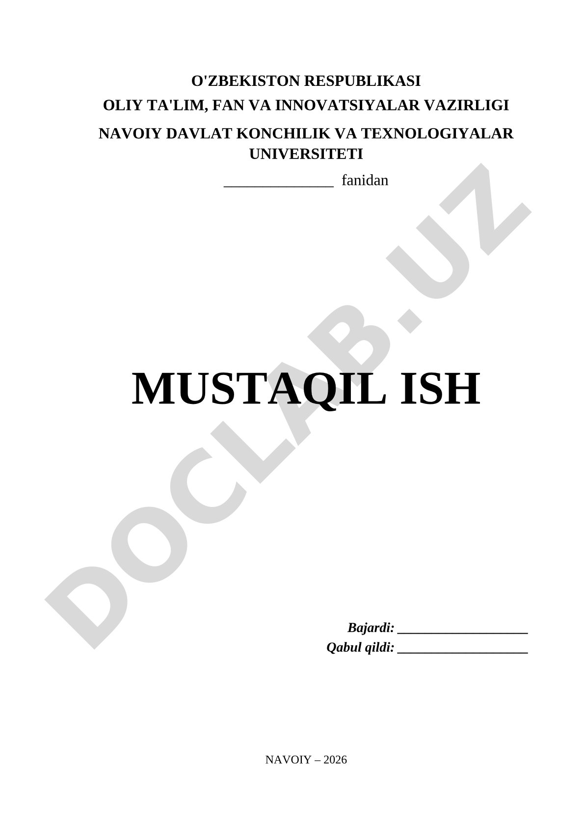 Mustaqil ish sarlavha sahifasi