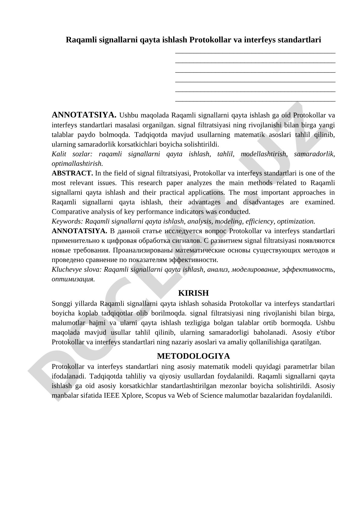 Raqamli signallarni qayta ishlashda protokollar va interfeys standartlari
