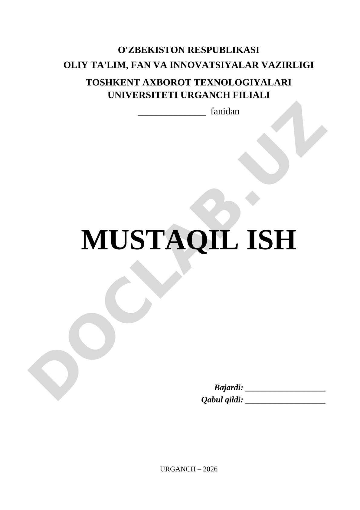 Fan bo'yicha mustaqil ish sarlavha sahifasi