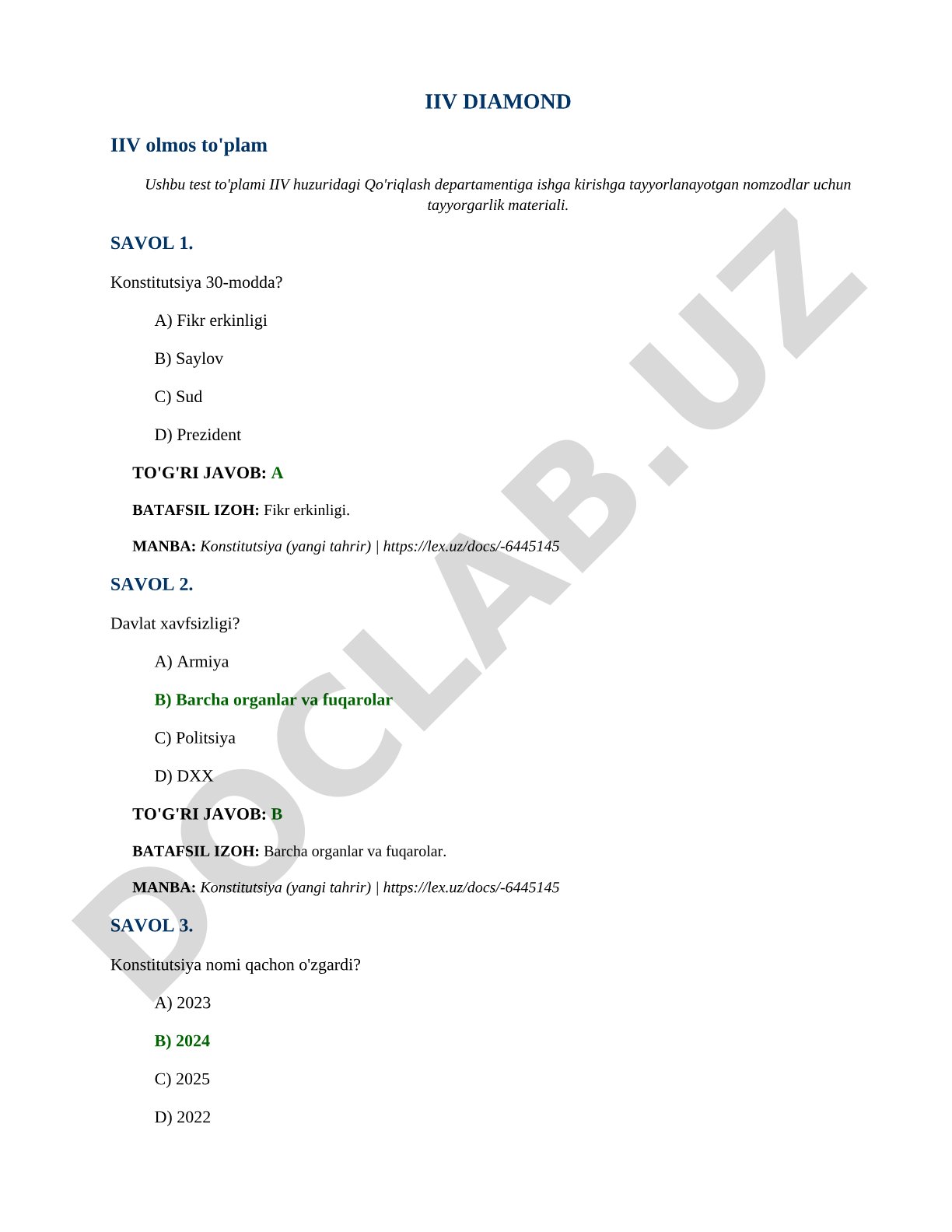 IIV Qo'riqlash departamenti uchun Konstitutsiya testlari