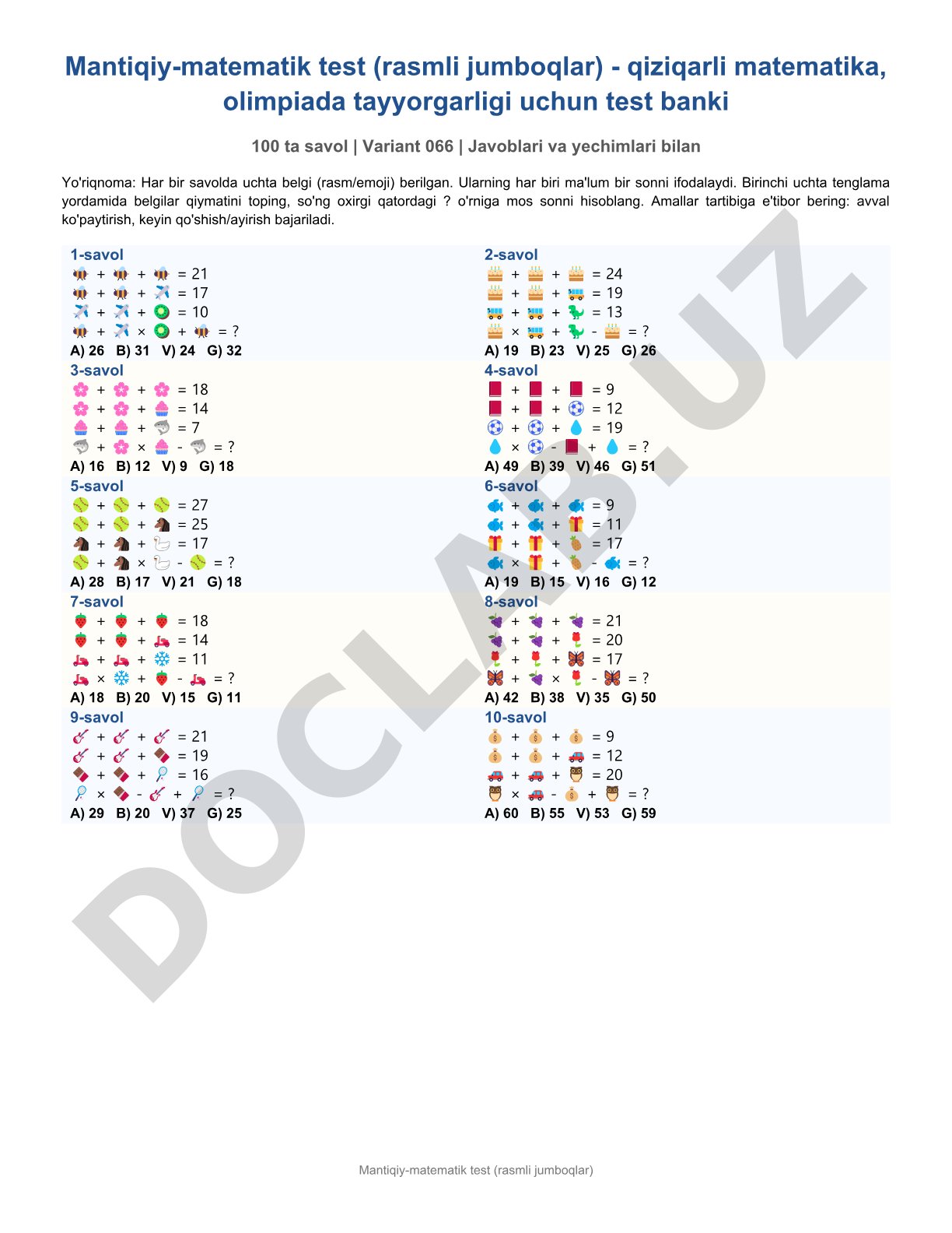Mantiqiy-matematik test (rasmli jumboqlar) – 100 ta savol, variant 066