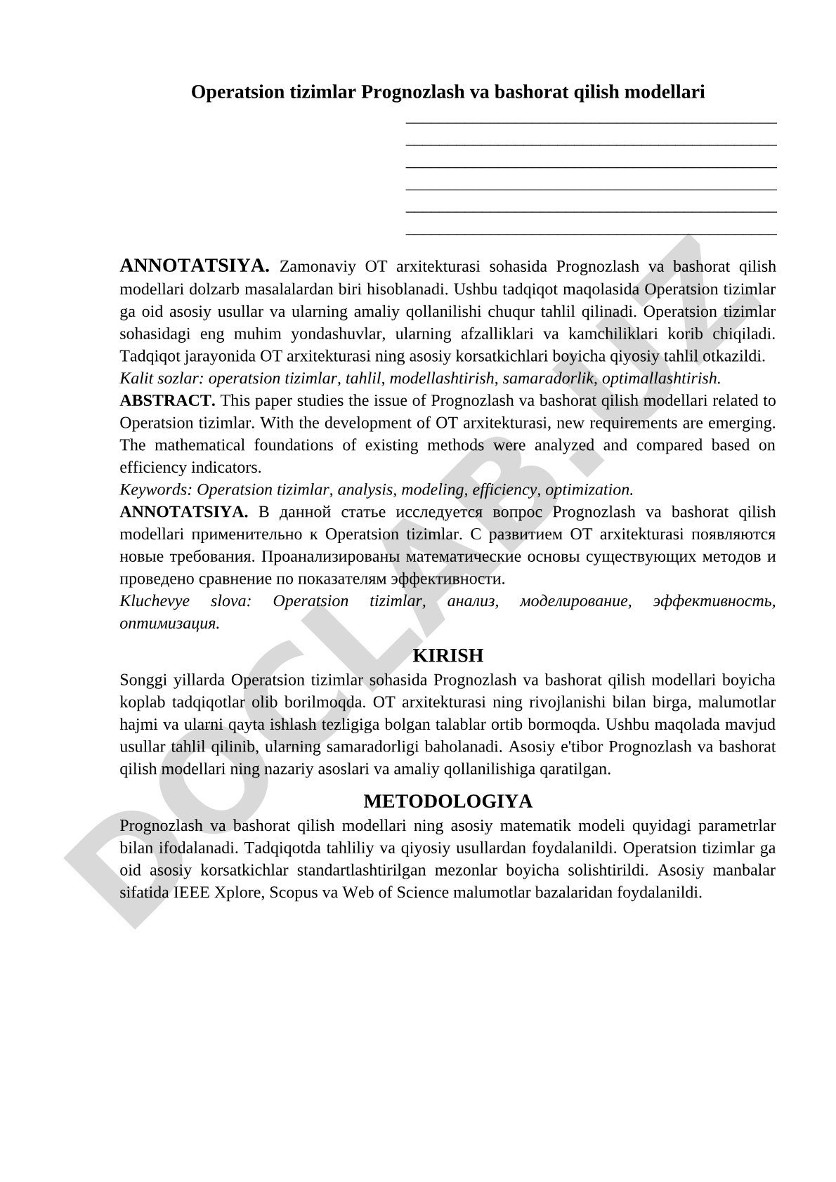 Operatsion tizimlarda prognozlash va bashorat qilish modellari
