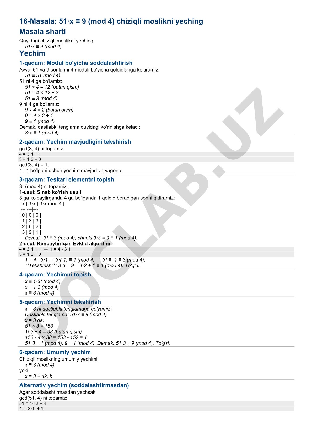 51·x ≡ 9 (mod 4) chiziqli moslikni yechish