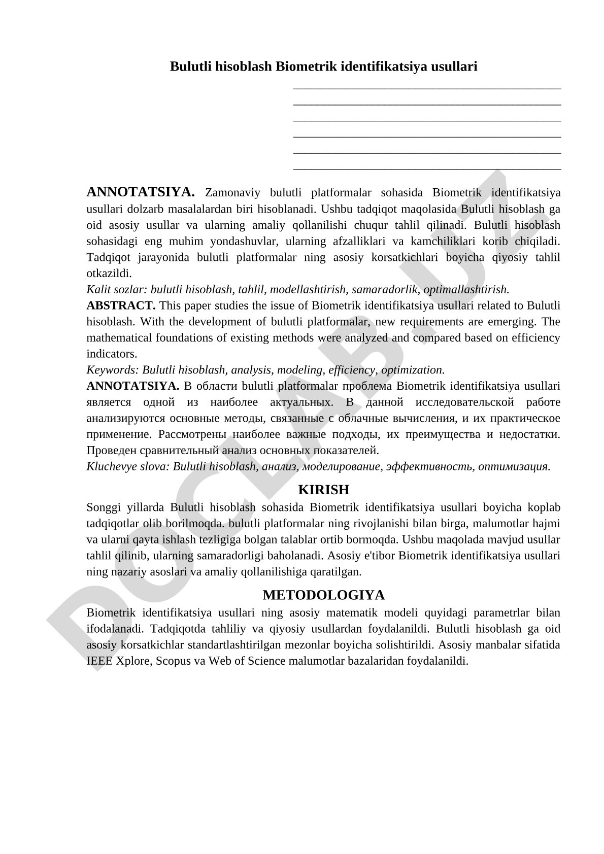 Bulutli hisoblash Biometrik identifikatsiya usullari