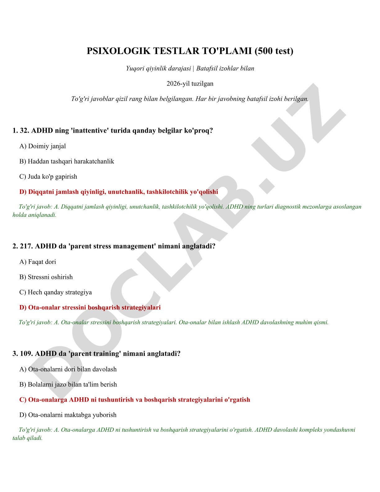 ADHD psixologik testlar to'plami