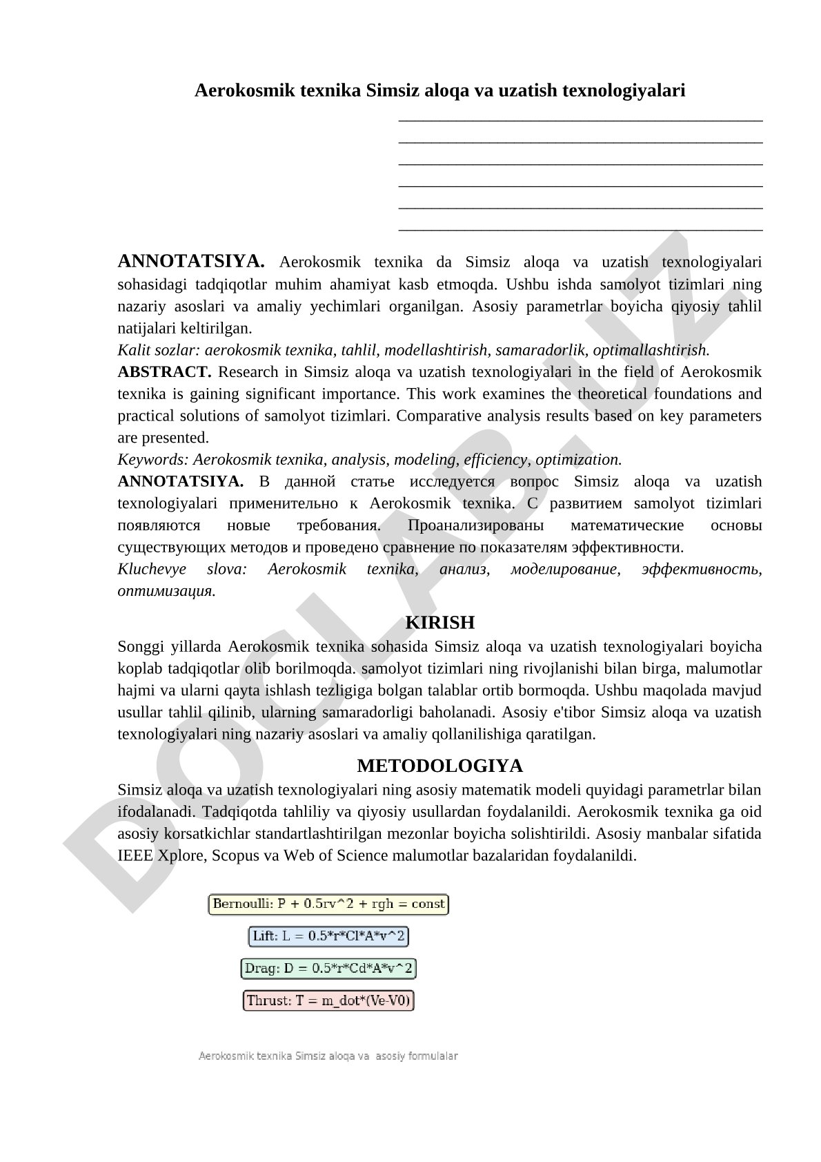Aerokosmik texnikada simsiz aloqa va uzatish texnologiyalari