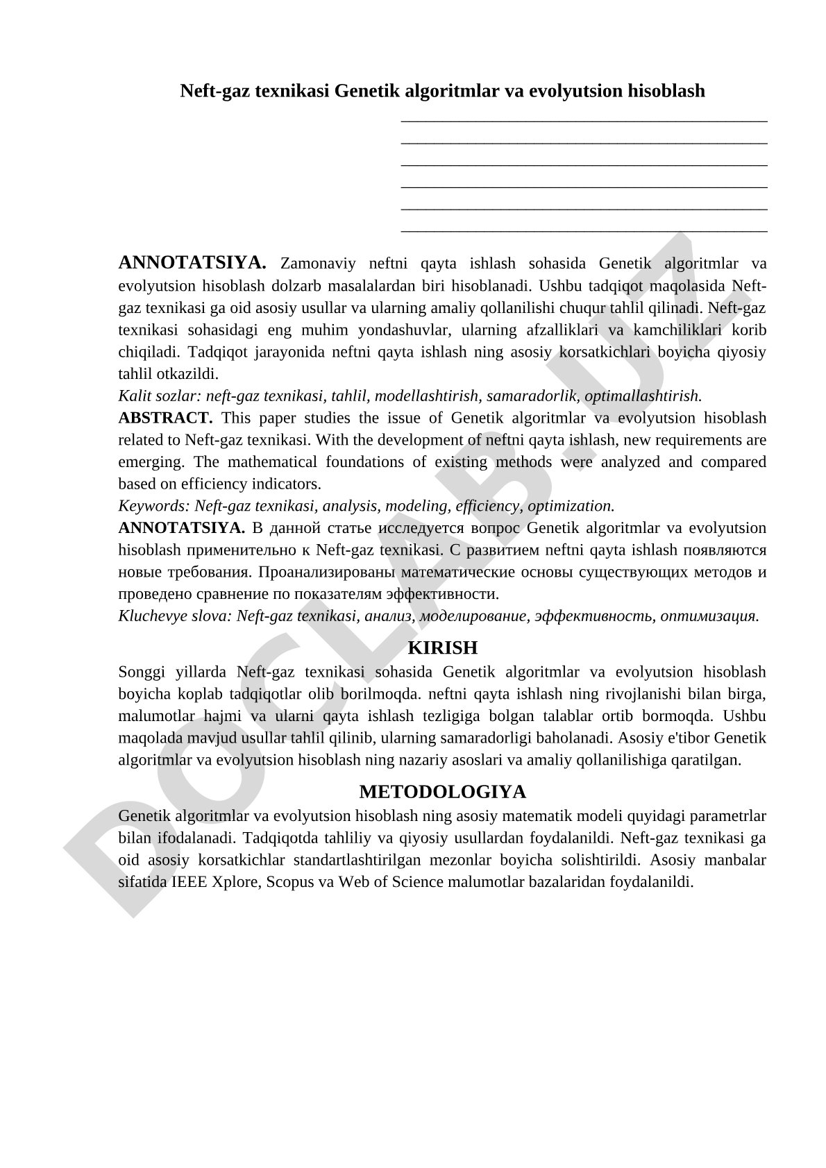 Neft-gaz texnikasi Genetik algoritmlar va evolyutsion hisoblash