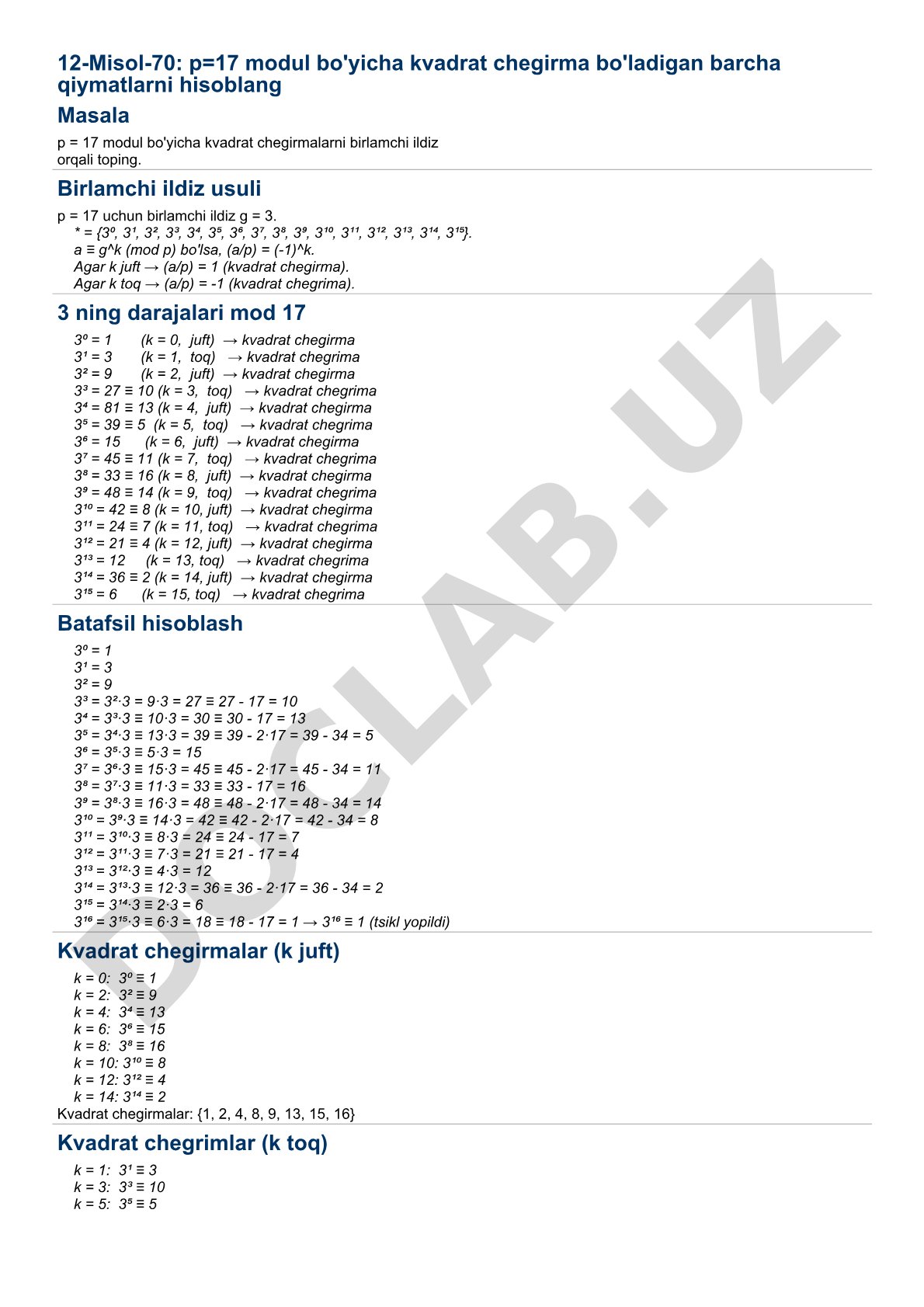 p=17 modul bo'yicha kvadrat chegirmalarni birlamchi ildiz orqali topish