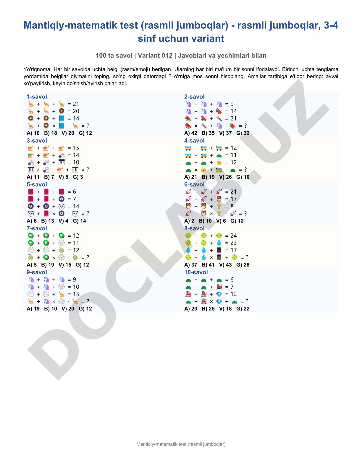 Mantiqiy-matematik test (rasmli jumboqlar)