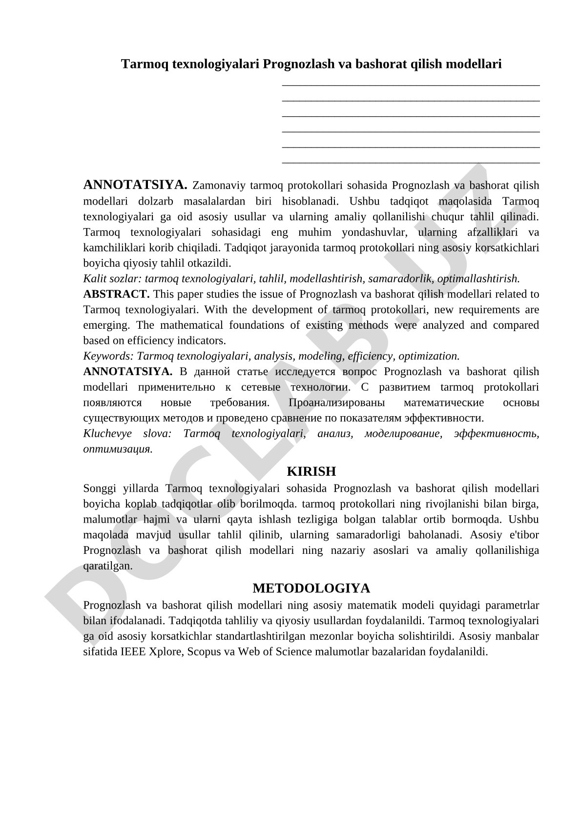 Tarmoq texnologiyalari Prognozlash va bashorat qilish modellari