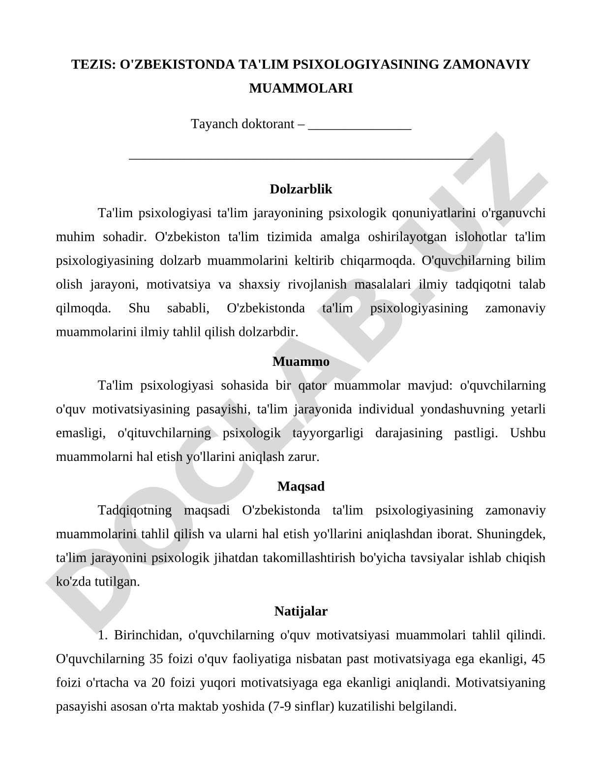 O'ZBEKISTONDA TA'LIM PSIXOLOGIYASINING ZAMONAVIY MUAMMOLARI