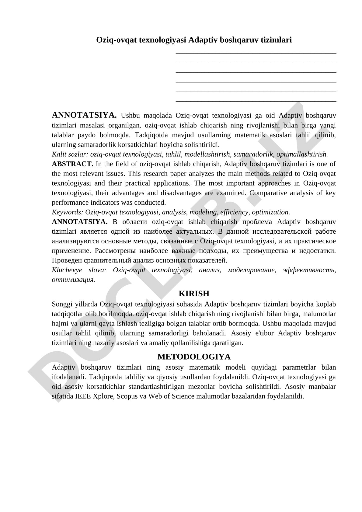 Oziq-ovqat texnologiyasi Adaptiv boshqaruv tizimlari