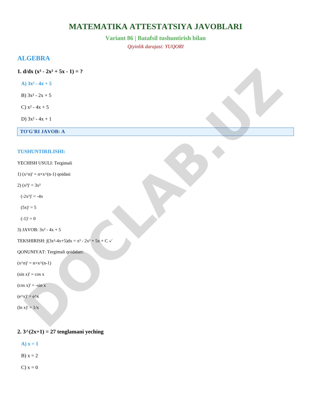 Matematika attestatsiya variant 86 algebra masalalari yechimlari