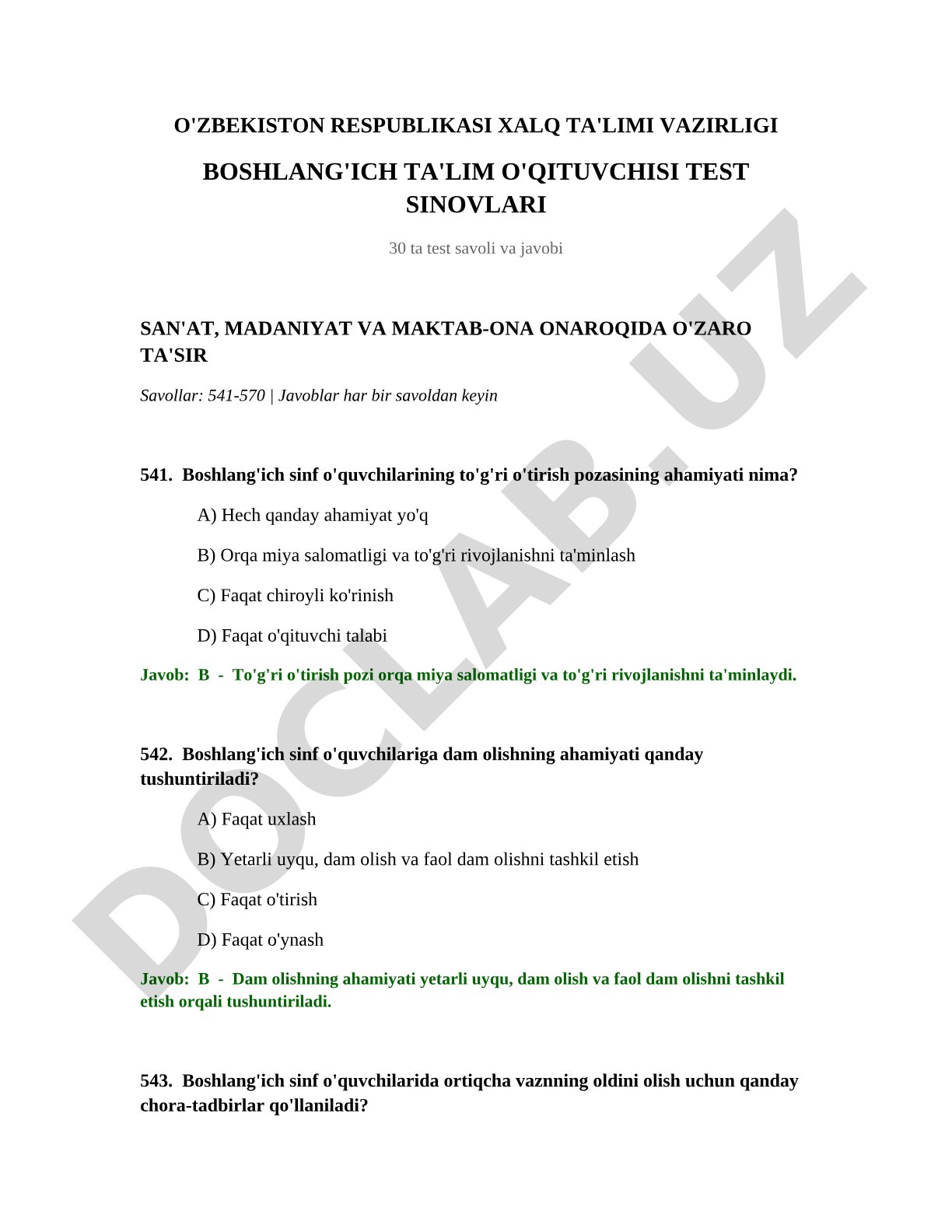 Boshlang'ich sinf o'quvchilari test savollari
