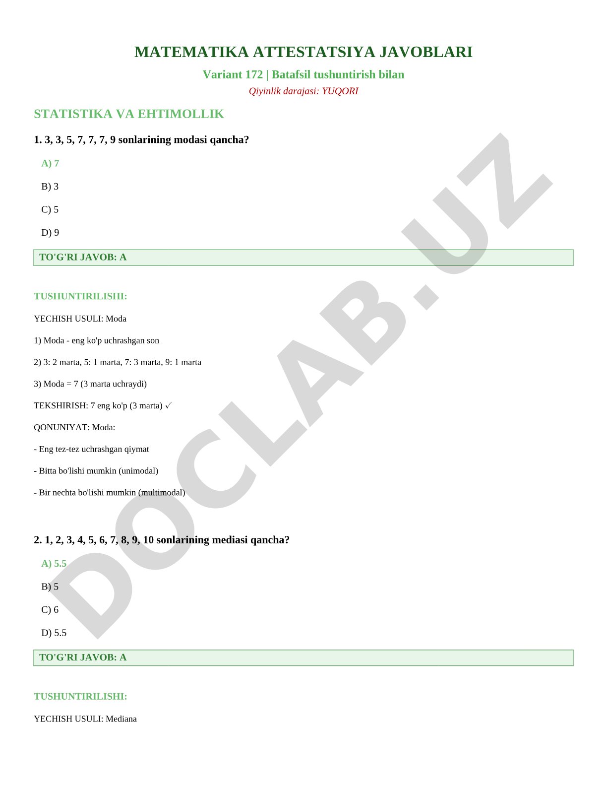 Matematika attestatsiya javoblari: Variant 172, Statistika va ehtimollik