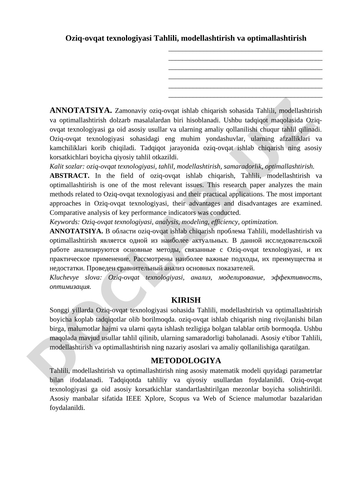 Oziq-ovqat texnologiyasi tahlili, modellashtirish va optimallashtirish