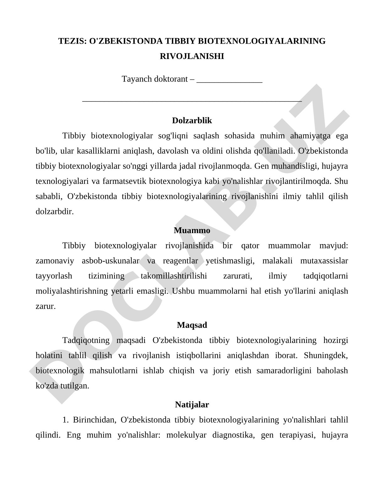O'zbekistonda tibbiy biotexnologiyalarining rivojlanishi