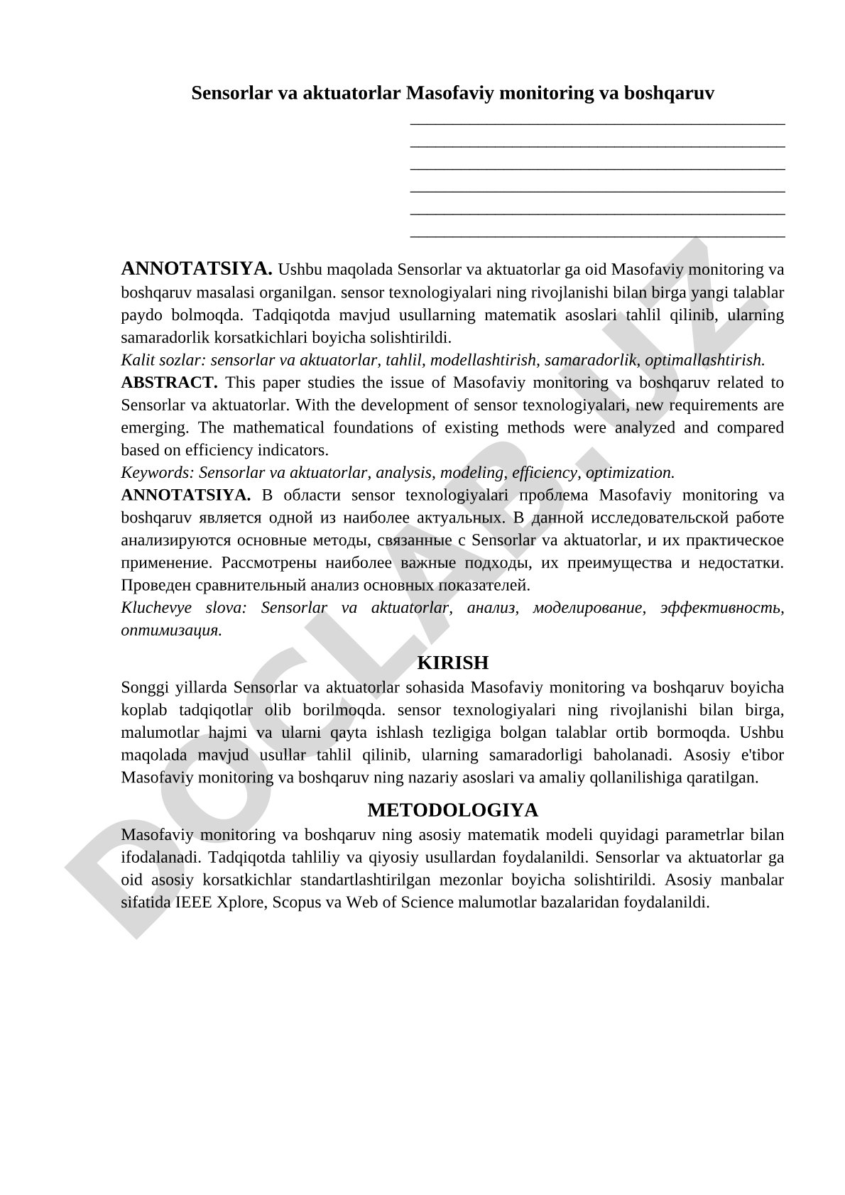 Sensorlar va aktuatorlar Masofaviy monitoring va boshqaruv