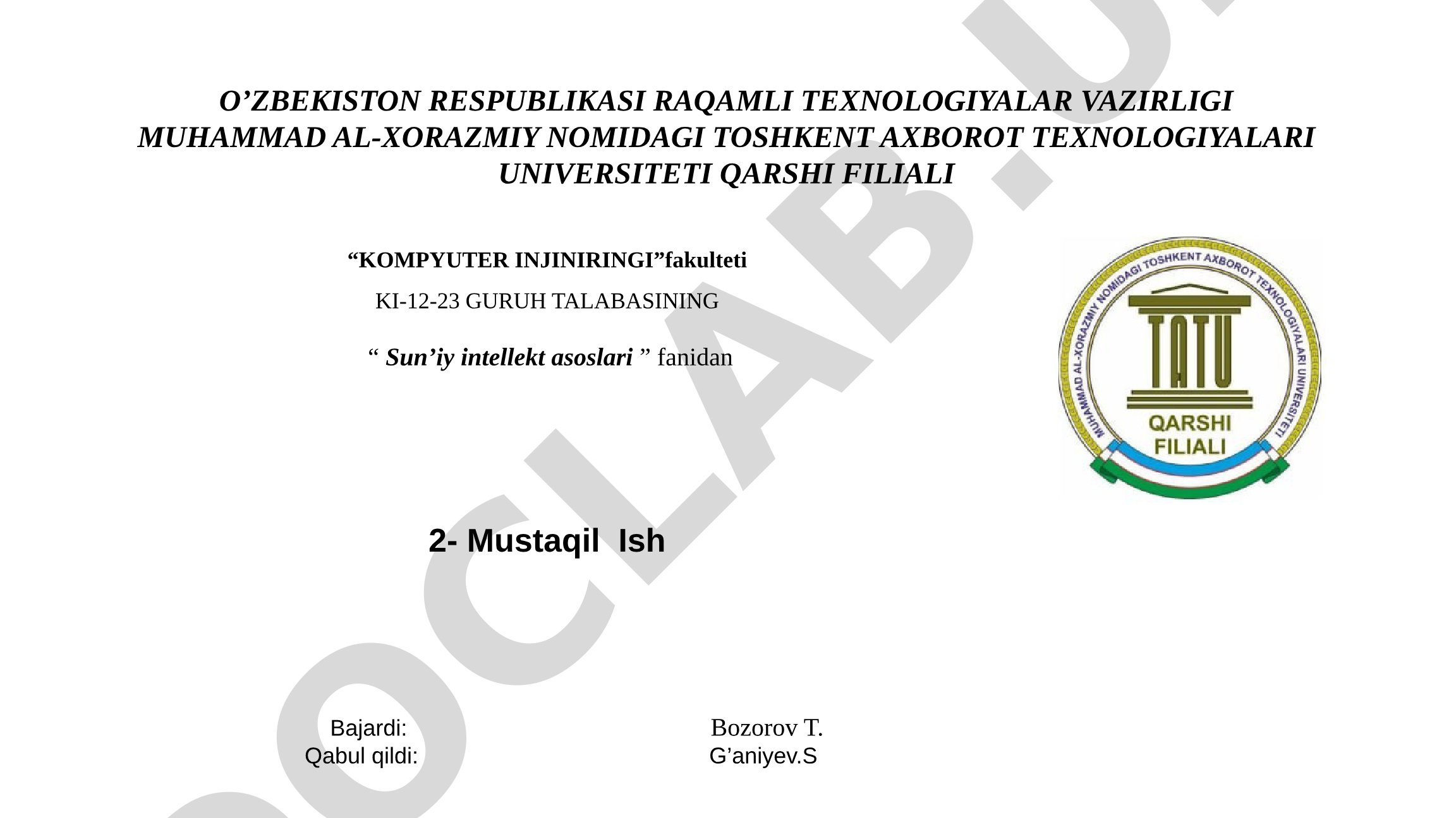 Sun’iy neyron tarmoqlari yordamida sinflashtirish masalalari