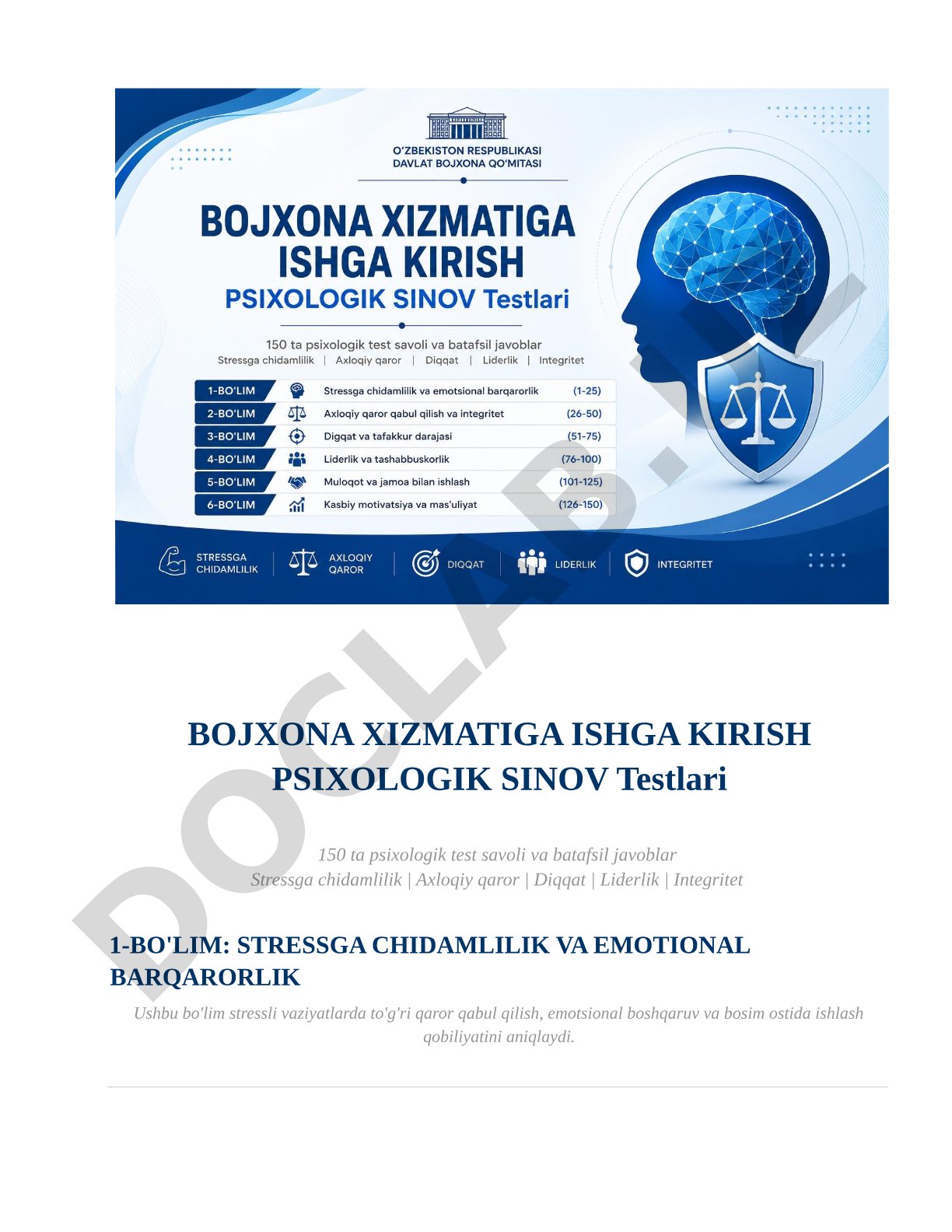Bojxona xizmatiga ishga kirish psixologik sinov