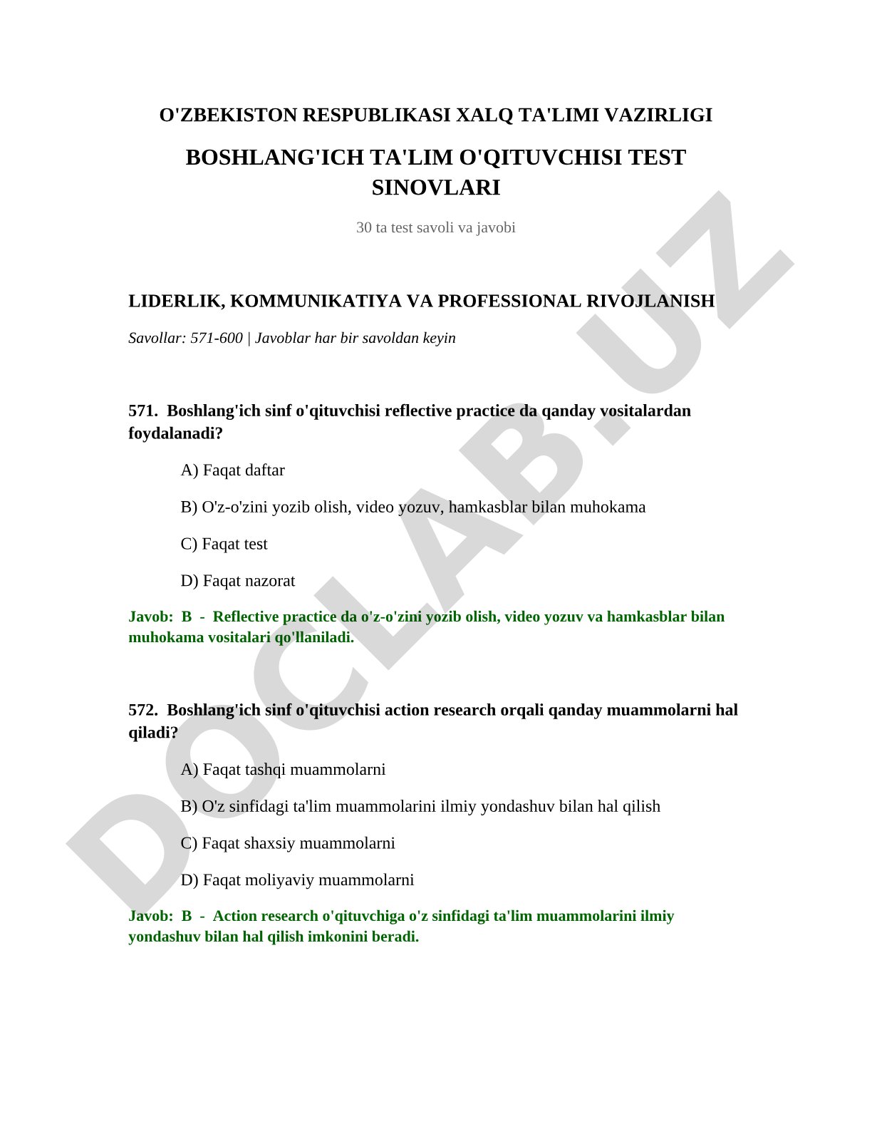 Boshlang'ich sinf o'qituvchisi test sinovlari: Liderlik, kommunikatiya va professional rivojlanish