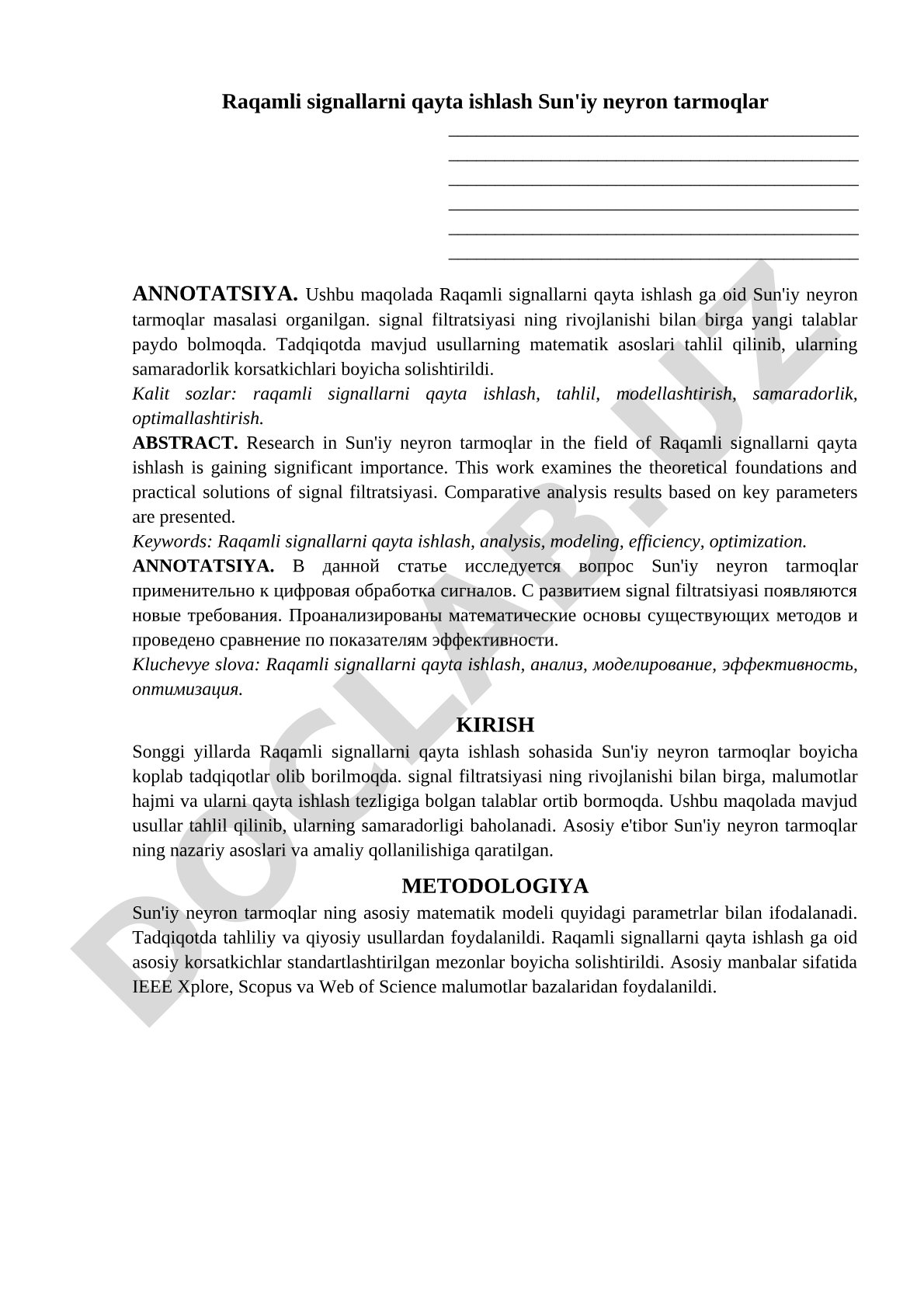 Raqamli signallarni qayta ishlash Sun'iy neyron tarmoqlar