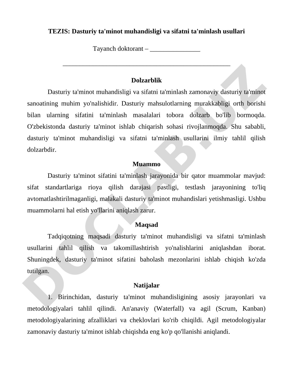 Dasturiy ta'minot muhandisligi va sifatni ta'minlash usullari