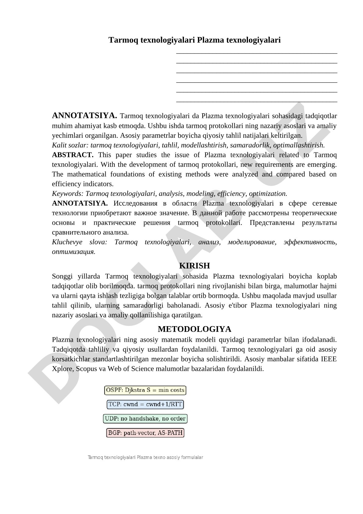 Tarmoq texnologiyalarida plazma texnologiyalari tadqiqoti