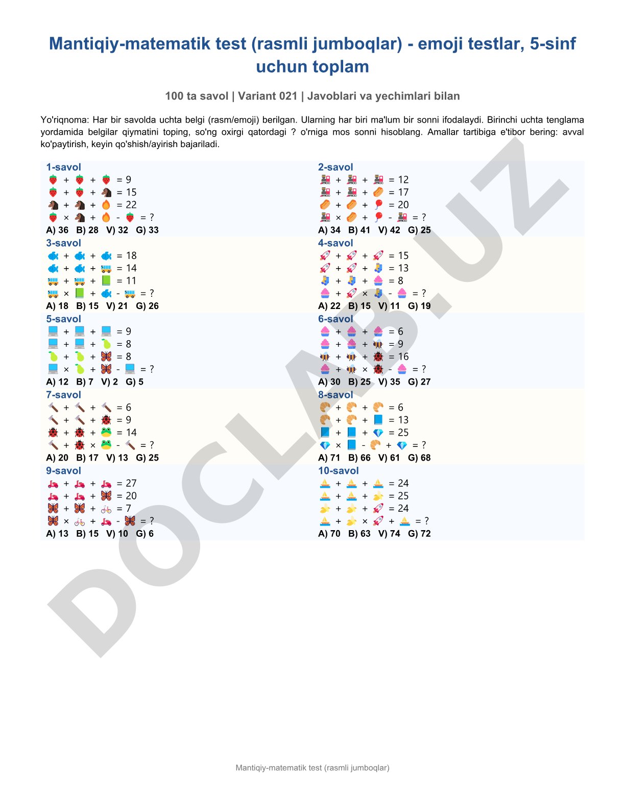 Mantiqiy-matematik test (rasmli jumboqlar) - emoji testlar, 5-sinf uchun toplam 100 ta savol | Variant 021 | Javoblari va yechimlari bilan