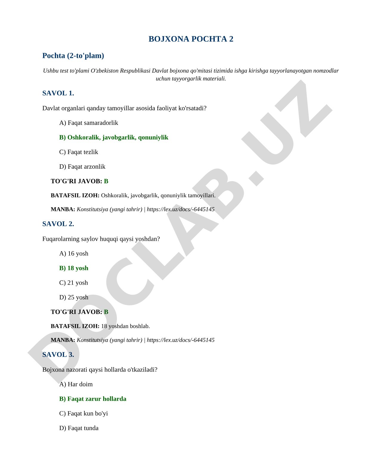 Bojxona qo'mitasiga kirish testlari (2-to'plam)