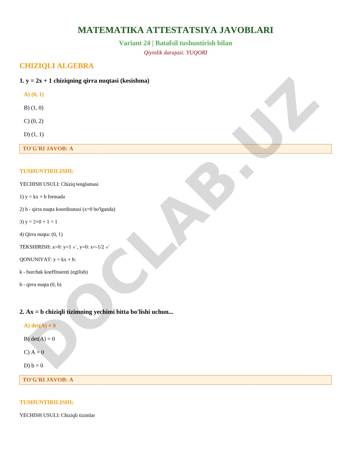 Matematika attestatsiya javoblari Variant 24 - Chiziqli algebra