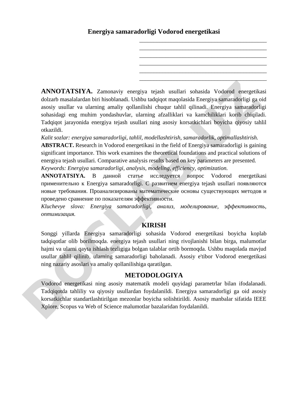 Energiya samaradorligi Vodorod energetikasi