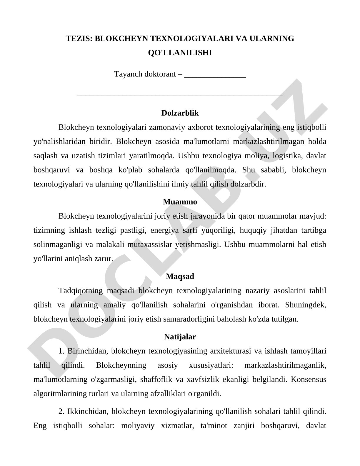 Blokcheyn texnologiyalari va ularning qo'llanilishi
