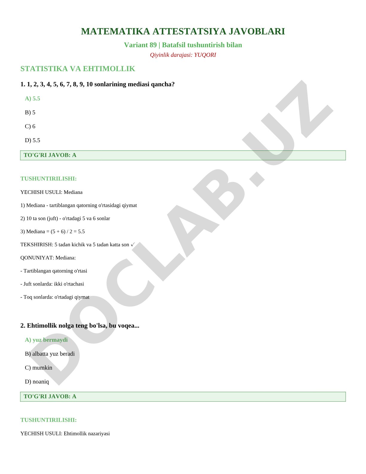 Matematika attestatsiya javoblari Variant 89: Statistika va ehtimollik