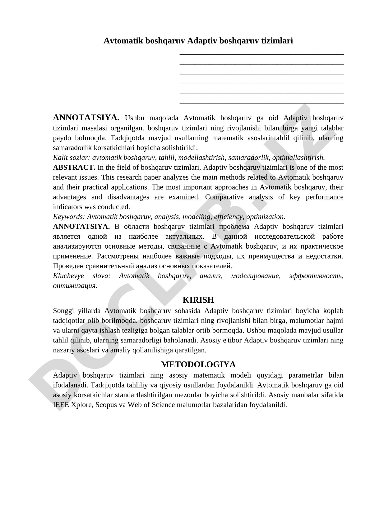 Avtomatik boshqaruv Adaptiv boshqaruv tizimlari