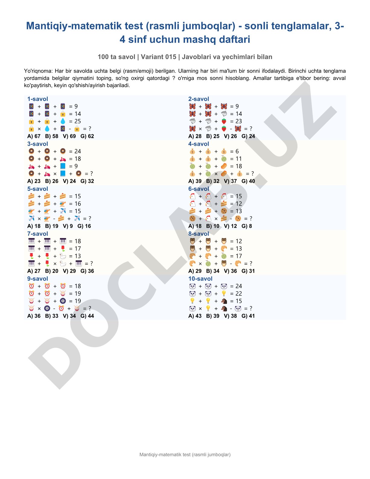 Mantiqiy-matematik test (rasmli jumboqlar)