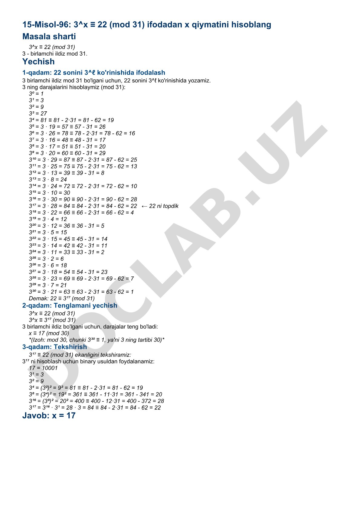 3^x ≡ 22 (mod 31) tenglamani yechish