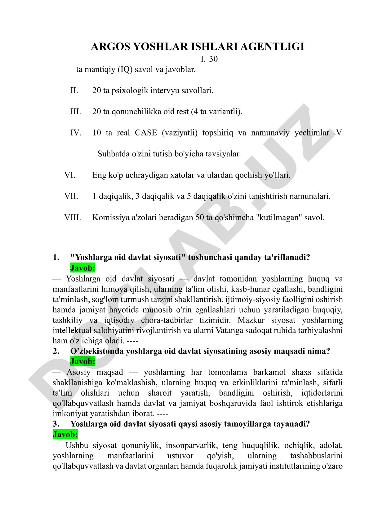 ARGOS Yoshlar ishlari agentligi suhbatiga tayyorgarlik materiallari