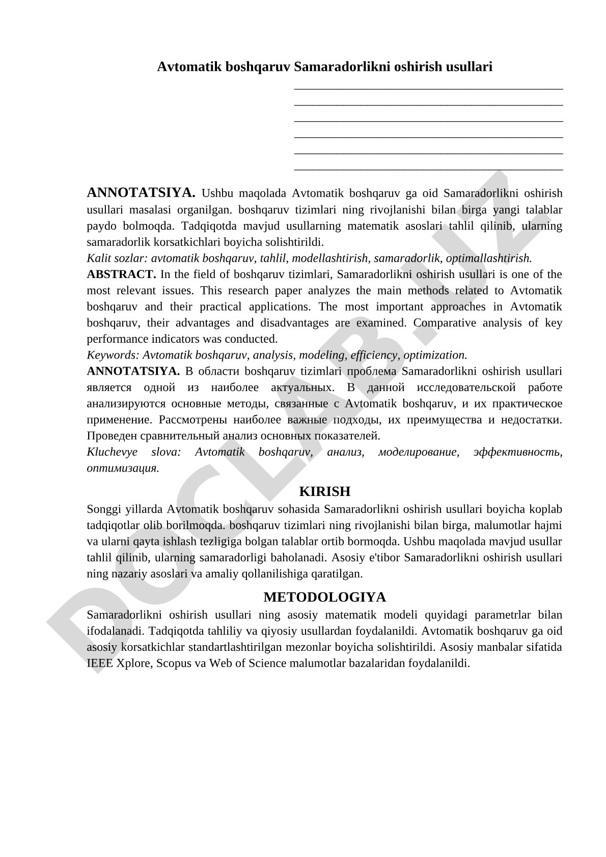 Avtomatik boshqaruv samaradorlikni oshirish usullari