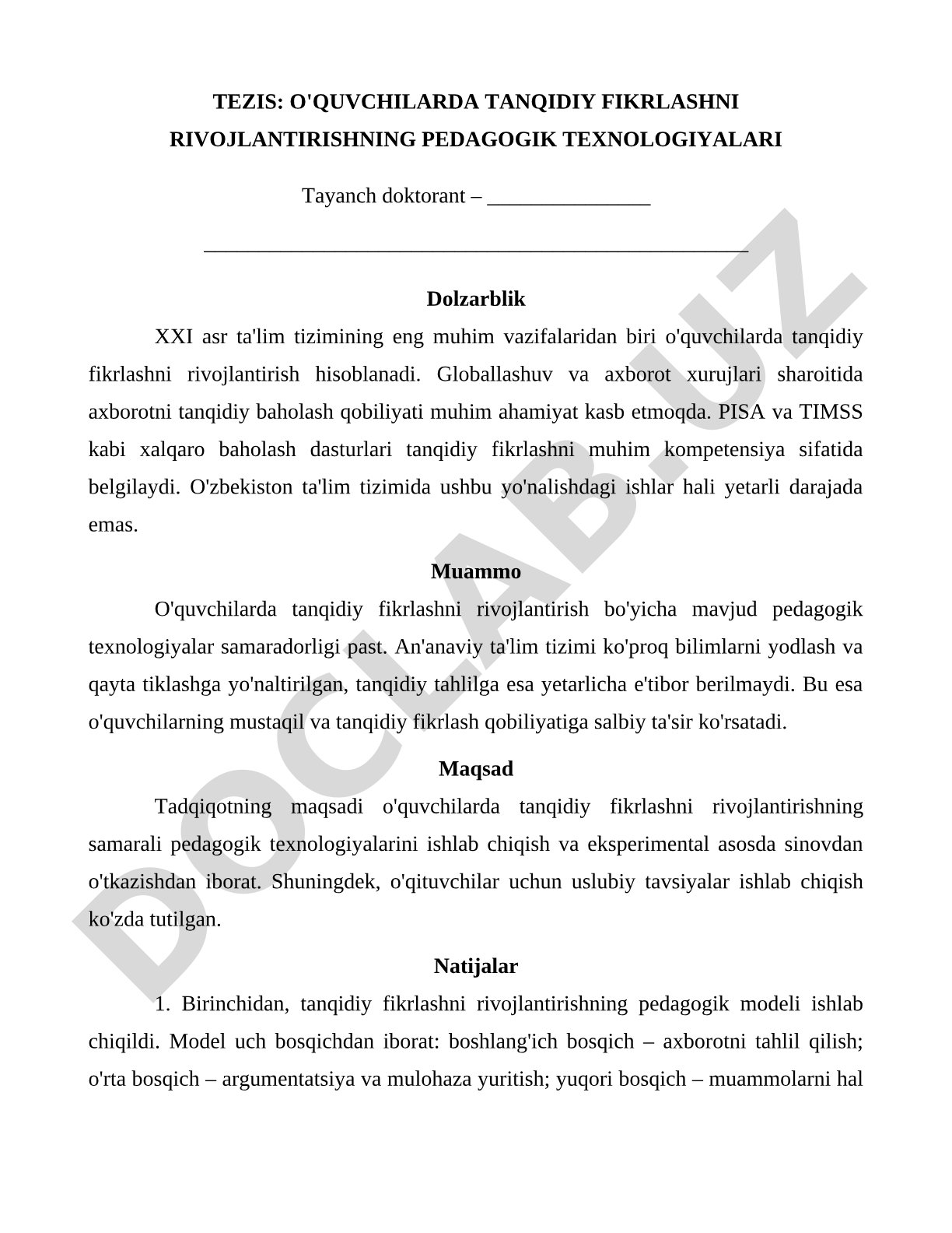 O'QUVCHILARDA TANQIDIY FIKRLASHNI RIVOJLANTIRISHNING PEDAGOGIK TEXNOLOGIYALARI